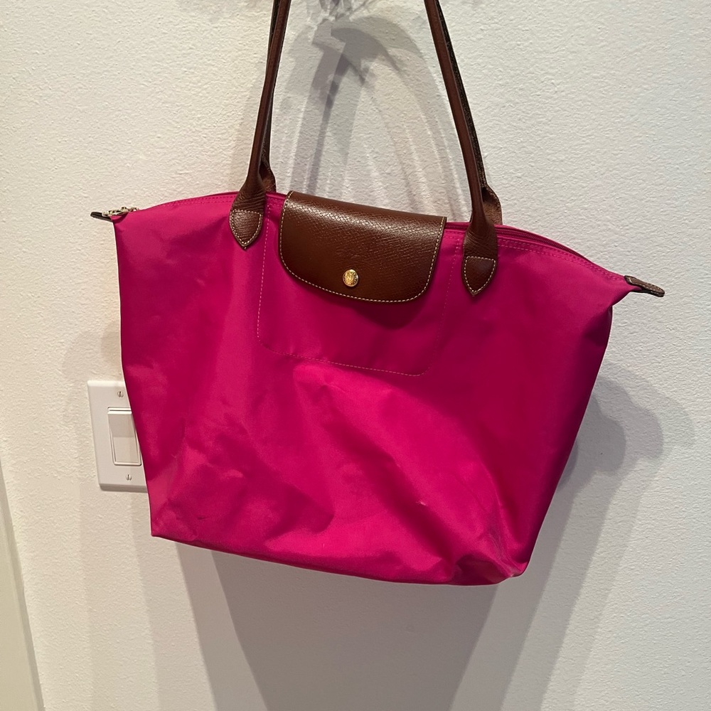 Longchamp Fuchsia Tote with Brown Handles